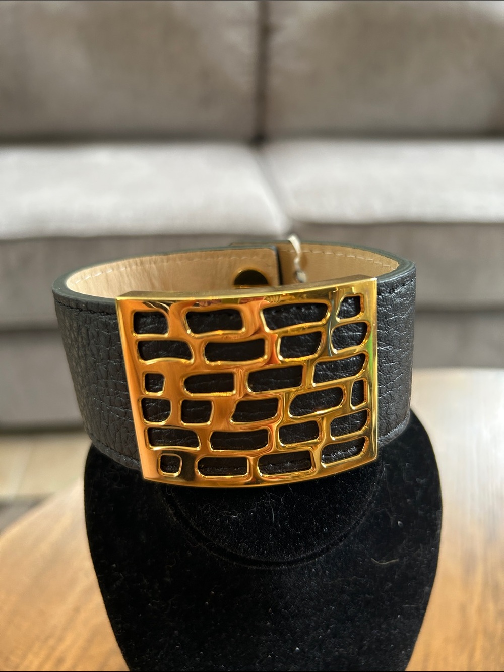 Wide Black Leather Bracelet with Gold Lattice Plaque